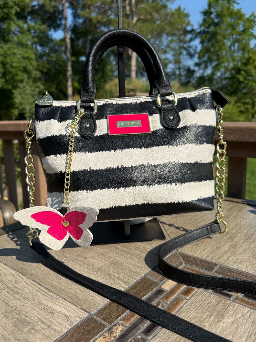 EUC Betsy Johnson Black & White Striped Mini Satchel with Pink Butterfly